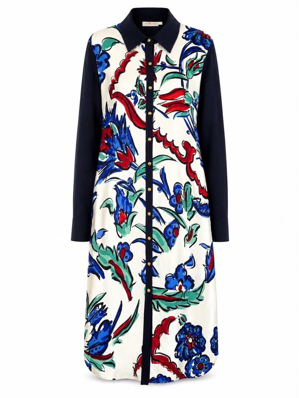 Tory Burch Silk Front Merino Wool Floral Dress Size L Navy Style 76091